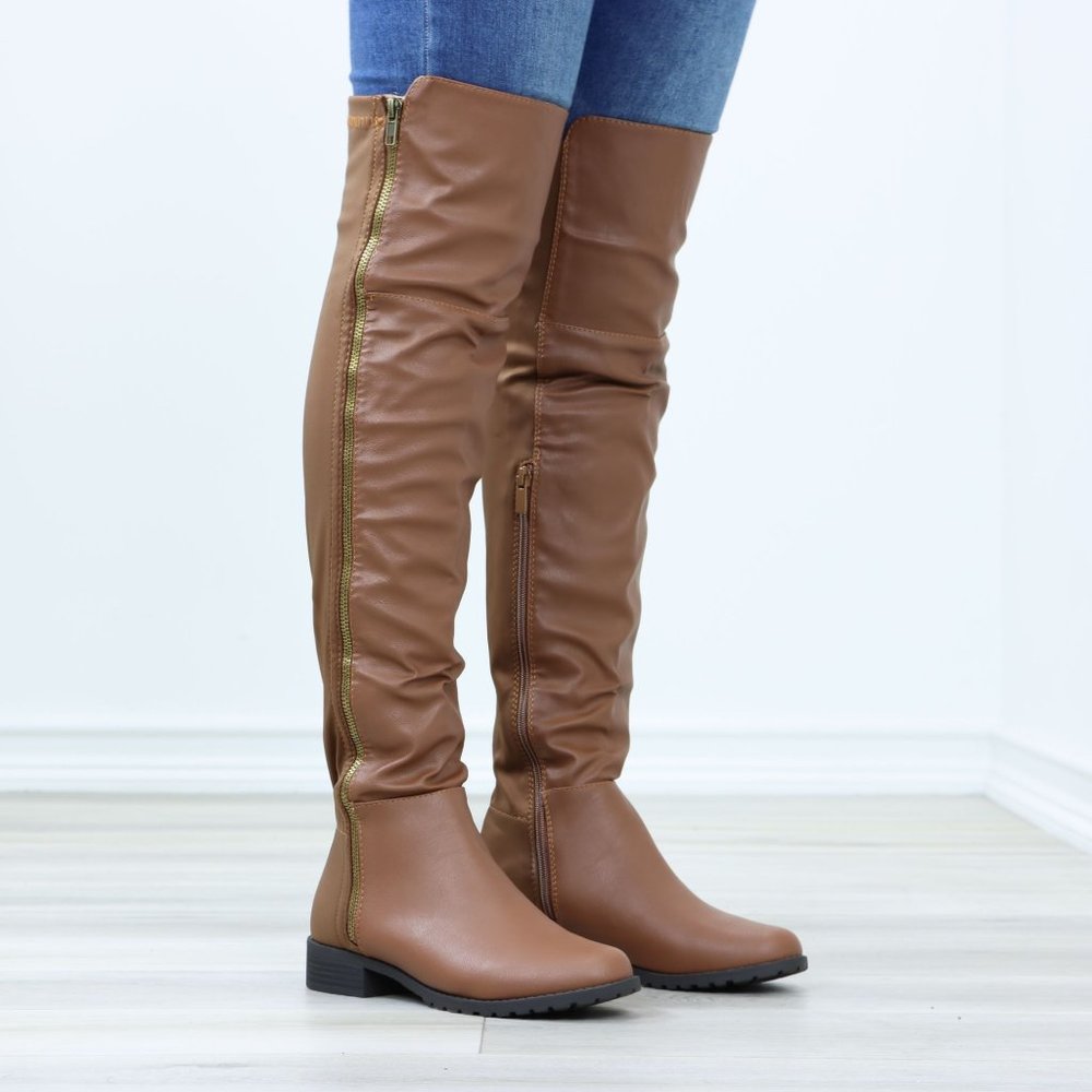 Tan Thigh High Over The Knee Faux Leather & Stretchy Material Low Heel Boot_3